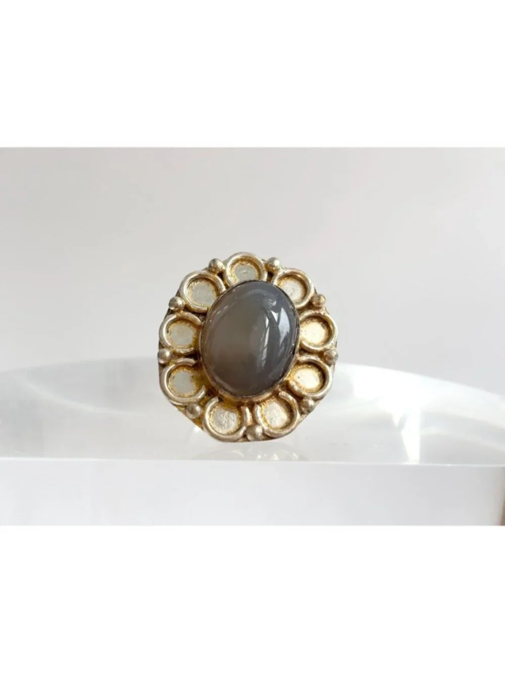 Grey Agate Cabochon Oval Stone Scalloped Sterling Silver 925 Vintage Ring - sz 9